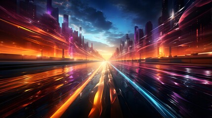 Fototapeta na wymiar Futuristic illustration of colorful light trails with motion blur effect. Sci-fi sf space
