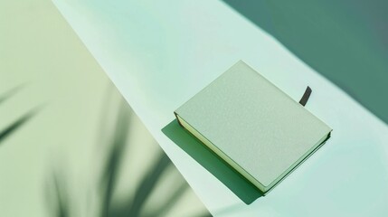 A book is displayed on top of a white table. The book is placed neatly on the surface, creating a simple and clean look. Green notebook or book cover mockup.