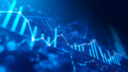 Abstract glowing big data forex candlestick chart on blurry city backdrop. Trade, technology, investment and analysis concept