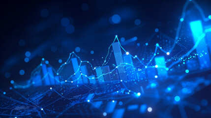 Abstract glowing big data forex candlestick chart on blurry city backdrop. Trade, technology, investment and analysis concept