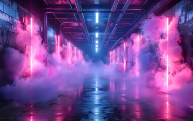 Surreal Photography of a hallway lined with 3D neon lights, dimly lit, fog