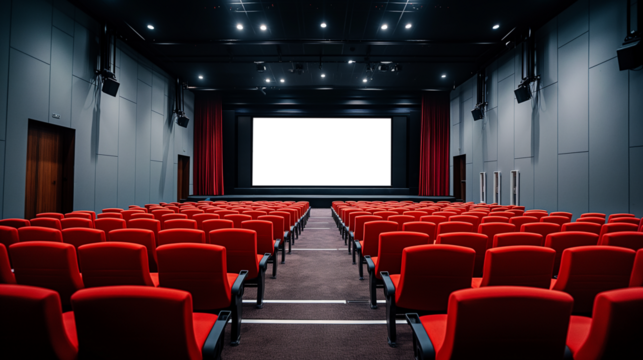 Empty cinema hall with red chairs and transparent white screen