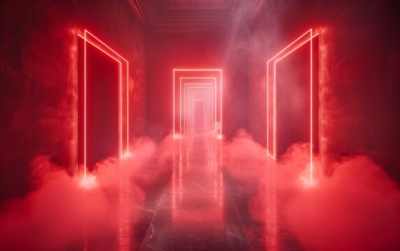Surreal Photography of a hallway lined with 3D neon lights, dimly lit, fog