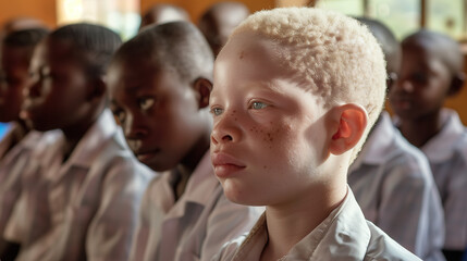 Obraz premium African Albino boy in a school classroom surrounded by his African friendsAlbinism is an inherited condition that leads to someone having very light skin, hair, and eyes