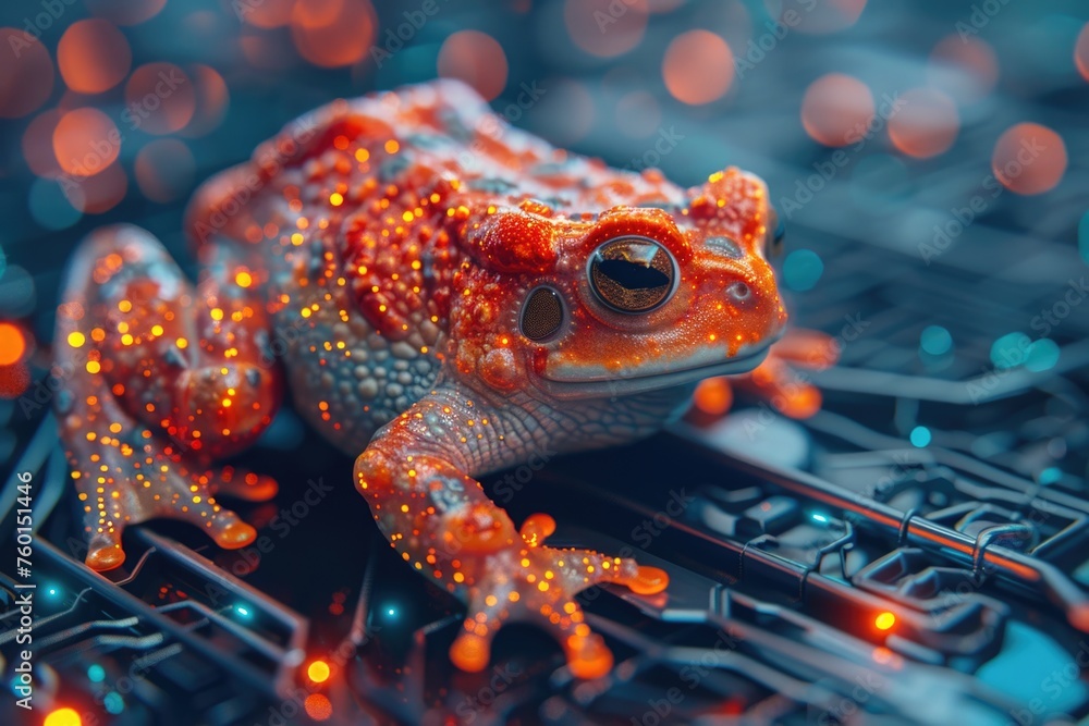 Poster a frog sitting on a circuit board. the frog appears to be exploring the intricate patterns and compo