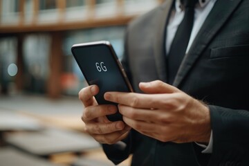 Businessman holding a phone with the text 6G.