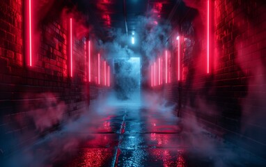 Obraz premium Surreal Photography of a hallway lined with 3D neon lights, dimly lit, fog