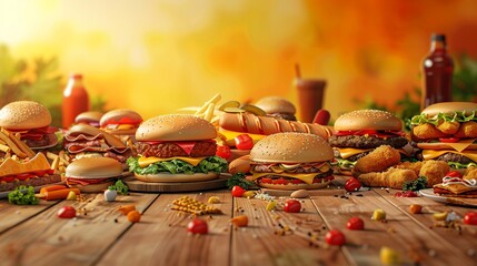 Fast food pile pizza, hamburger, hotdog - obrazy, fototapety, plakaty