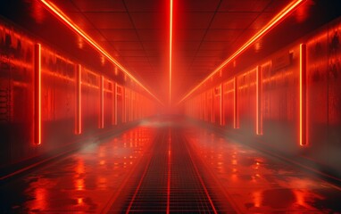 Surreal Photography of a hallway lined with 3D neon lights, dimly lit, fog