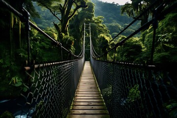 a suspension bridge through lush greenery