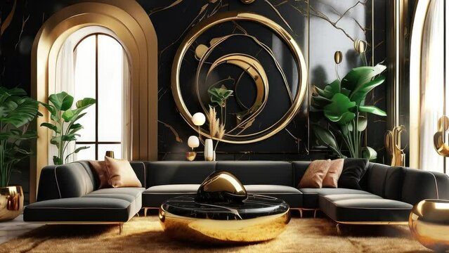 3D rendering. Modern living room interior design in art deco style with black marble walls and gold decoration pieces