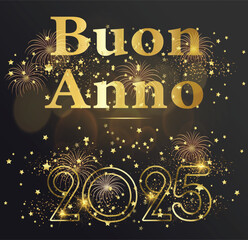 biglietto o striscione per augurare un felice anno nuovo 2025 in oro su uno sfondo nero sfumato con stelle e fuochi d'artificio dorati - obrazy, fototapety, plakaty