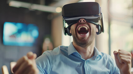 Excited businessman enjoying VR experience. Excited man watching headset VR virtual reality in office. Modern presentation concept.