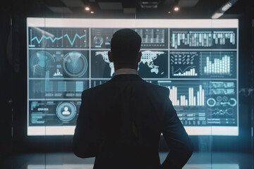 A businessman analyzing social media metrics on a holographic display with sentiment analysis charts.
