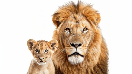 Fototapeta premium Male lion and cub portrait, text space on left, object on right for balanced composition