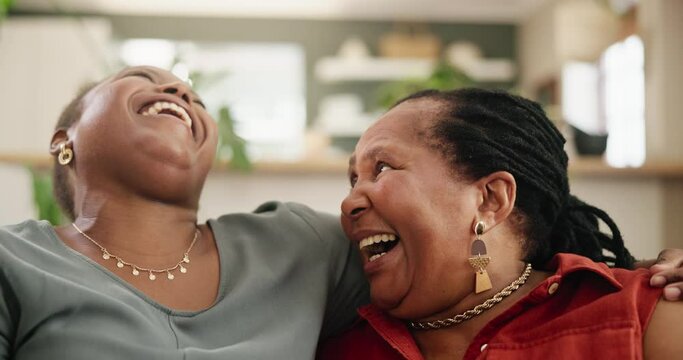 Black family, senior mother and daughter on a couch, love and home with conversation and bonding together. Apartment, mama and women with humor and laugh with support and cheerful with weekend break