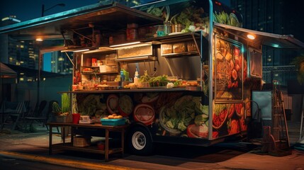 A richly decorated food truck stands ready to serve delicious eats in an evening city environment with soft lighting