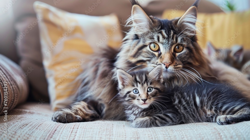 Poster male kodkod and kitten portrait with space for text, object on right side, ideal for adding captions