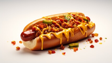 Loaded with toppings, this classic chili cheese hotdog set against a clean white background highlights simplicity and taste