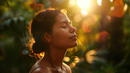 Fototapeta premium Golden hour yoga at the beach. Woman during sunset time meditating and relaxing .