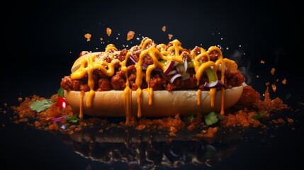 A succulent chili cheese hotdog with flying cheese and chili bits against a dark backdrop, perfect for culinary excitement