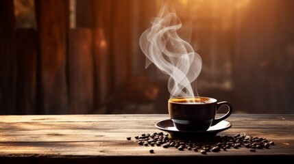 Sunlight casts a soft glow on a hot cup of coffee, with steam spiraling upwards