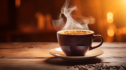 A freshly brewed cup of coffee emits steam against a dark wooden backdrop, exuding a warm, comforting aroma