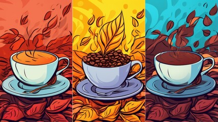 Vibrant triptych illustration of coffee cups with whimsical leaves in bold colors