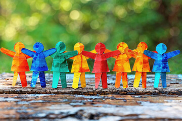 Colorful paper cutout chain of people on a log. Generative AI image