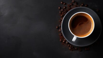 A stylish cup of coffee placed centrally on a textured surface, surrounded by coffee beans - obrazy, fototapety, plakaty