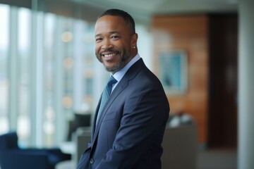 A successful business leader in a formal suit, smiling confidently in a modern office, exemplifying leadership and vision in a diverse corporate environment.