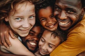 An adoptive family of different ethnicities sharing a hug, portraying the love and diversity in modern families. - obrazy, fototapety, plakaty