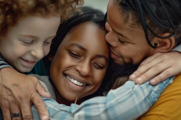 An adoptive family of different ethnicities sharing a hug, portraying the love and diversity in modern families.