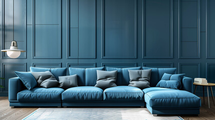 blue sofa in modern puristic living room