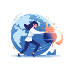 Woman pushing burning globe on blue background flat