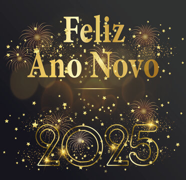 cartão ou banner para desejar um feliz ano novo 2025 em ouro sobre um fundo gradiente preto com estrelas e fogos de artifício dourados