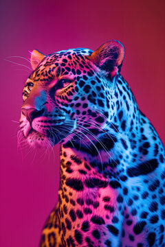 Neon glow leopard portrait on magenta background. Generative AI image