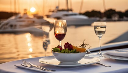 Table set for a romantic lunch on luxury yacht during sunset - obrazy, fototapety, plakaty