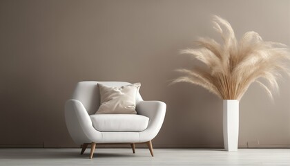 Scandinavian style interior background: Soft armchair and vase with dry grass in an empty room with morning light, perfect for mockups
