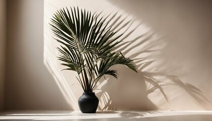 Tropical palm leaf shadows cast on a light beige wall of white concrete