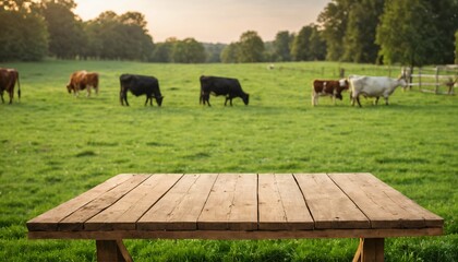 Summer morning light over a grassy field with cows and farm, viewed from an empty wooden table top, perfect for showcasing products