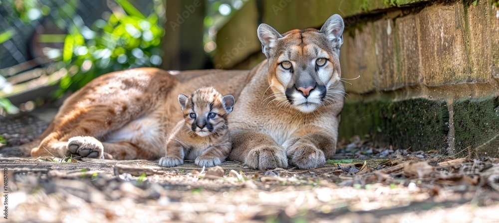 Poster male puma and cub portrait with object, ample empty space on the left for text placement