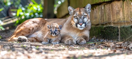 Male puma and cub portrait with object, ample empty space on the left for text placement