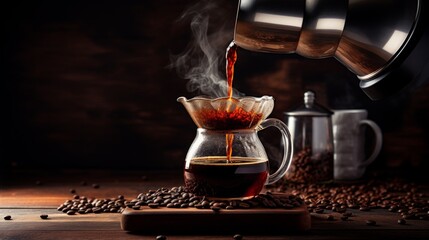Aromatic coffee being poured into a drip brewer with a wooden base surrounded by coffee beans