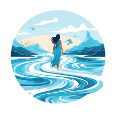 Woman walking into blue water flat vector illustrat