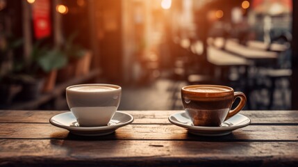 Fototapeta premium Serene photo of two coffee cups set on a café table, illuminated by a captivating sunset backlight