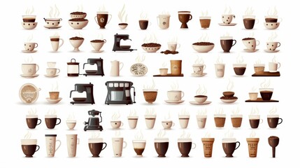 This image showcases a collage of coffee-related items including cups, beans, and brewing machines