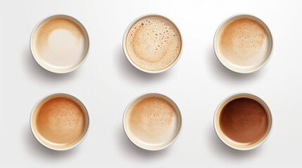 This image presents a neat top-down view of six cups of coffee with varying shades of brown