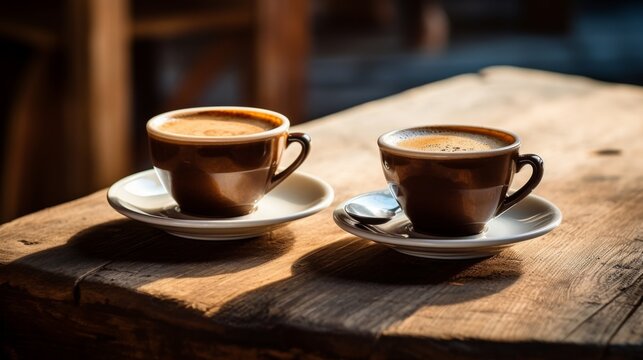 Inviting image of two steaming coffee cups on a sturdy wooden table, highlighted by gentle sunlight