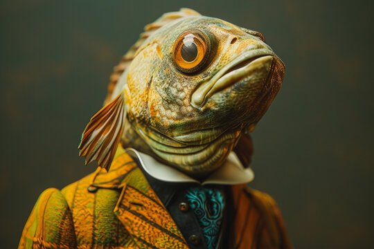 A whimsical portrayal of a fish in an elegant suit, combining the surreal with the sartorial. Generative AI